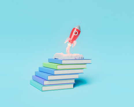 stack of books on steps with a rocket taking off from the top. minimal concept of education, learning and success. 3d rendering