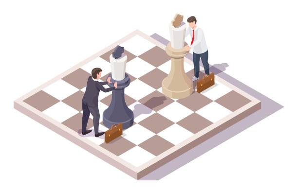 チェスボードゲーム、ベクトル等角線イラストをプレイビジネスマンキャラクター。ビジネス競争、戦争、戦いの概念 - chess mate点のイラスト素材／クリップアート素材／マンガ素材／アイコン素材