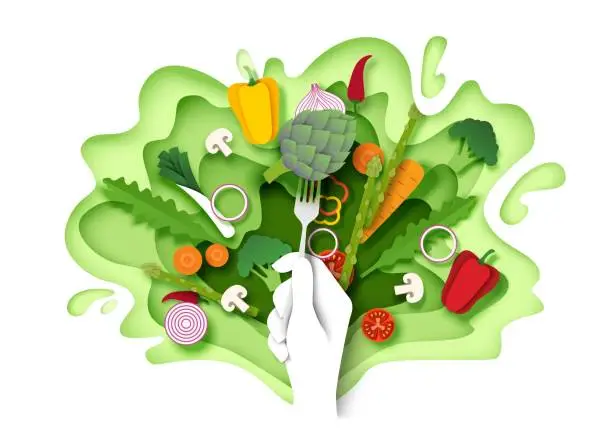 Vector illustration of Fresh vegetables and hand holding fork with artichoke, vector paper cut illustration. Healthy food, vegan diet.