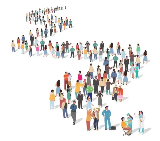 Vector illustration of Group of people standing in line for Covid-19 vaccine injection, flat vector illustration. Coronavirus vaccination queue