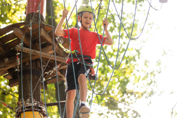 istock Cute school boy enjoying a sunny day in a climbing adventure activity park 1337773190