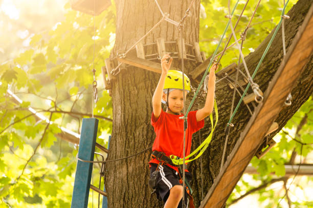 istock Boy climber walks on the rope bridge, 1337773325