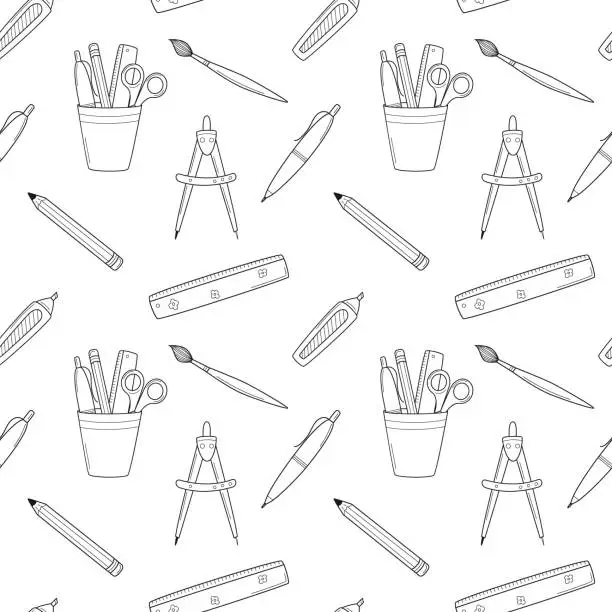 Vector illustration of School simple seamless pattern with stationery, office supplies, compasses, ruler, pen, pencil, brush. Black and white background with isolated hand-drawn doodle outline elements. Vector illustration.