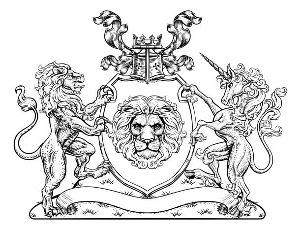 Coat of Arms Unicorn Lion Crest Shield Family Seal A crest coat of arms family shield seal featuring lions and unicorn horse with horn lion family drawing stock illustrations