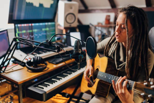 istock In her well equipped recording studio, female guitarist, spending alone time while playing acoustic guitar and singing 1337776304