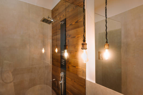 istock Illuminated Lighting Equipment Hanging On Ceiling In The Bathroom At Home 1337776752