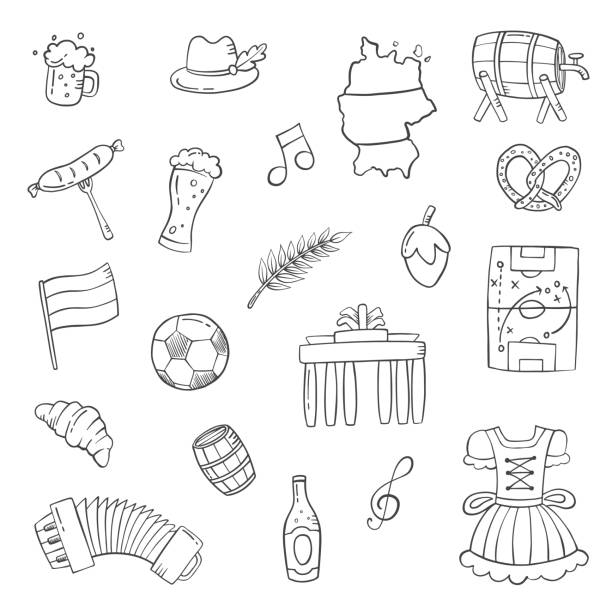 illustrations, cliparts, dessins animés et icônes de allemagne pays nation doodle collections de décors dessinés à la main avec contour style noir et blanc - pretzel isolated bread white background