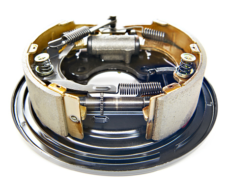 Drum brake with the drum removed isolated white