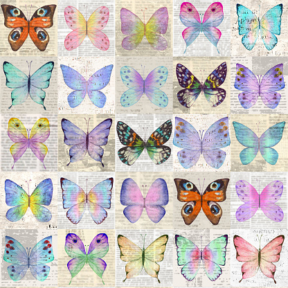 Paper grunge newsprint seamless pattern with colorful watercolor butterflies. Retro style background with newspapers in patchwork style. Vintage art collage. Print for textile, wallpaper, wrapping.