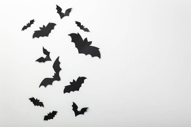 istock halloween and decoration concept - black paper bats flying over white background 1337781048