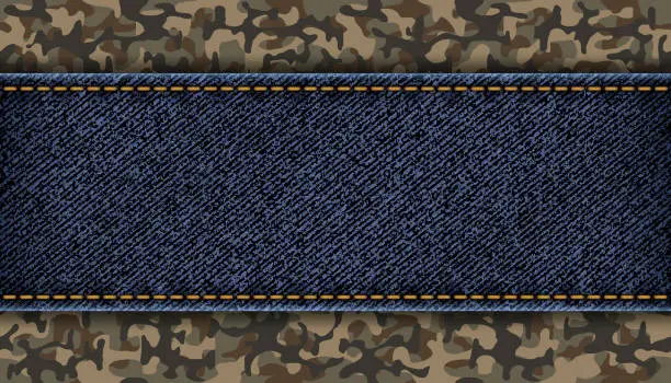 Vector illustration of Denim tag or label on a military camouflage background