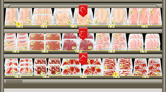 Fresh meat packed in trays on the counter of the butcher store. Frozen and chilled pork, beef and chicken. Vector illustration