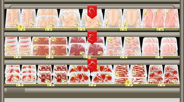 Fresh meat packed in trays on the counter of the butcher store. Frozen and chilled pork, beef and chicken. Vector illustration. Fresh meat packed in trays on the counter of the butcher store. Frozen and chilled pork, beef and chicken. Vector illustration supermarket aisles vector stock illustrations