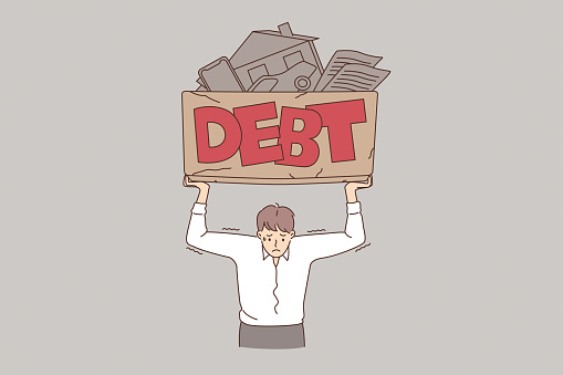 Financial crisis and debt concept. Young frustrated stressed businessman standing holding box with debt sign on it loans property credits inside vector illustration