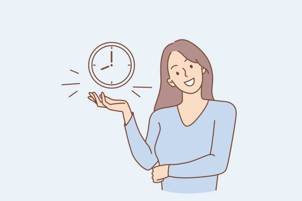 ilustraciones, imágenes clip art, dibujos animados e iconos de stock de gestión exitosa del tiempo y concepto de alarma - happy time