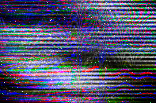 TV Glitch psychedelic Noise background Old VHS screen error Digital pixel noise abstract design Computer bug. Television signal fail. Technical problem in Grunge style.