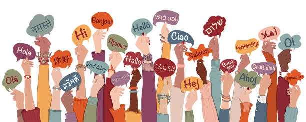 stockillustraties, clipart, cartoons en iconen met many arms raised of diverse and multi-ethnic people holding speech bubbles with text -hallo- in various international languages. diversity people.racial equality.sharing and collaboration - begroeting