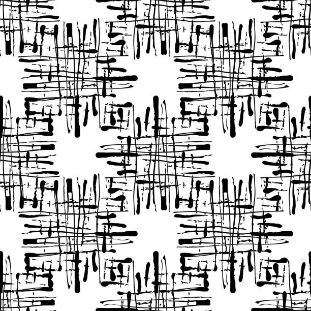 ilustrações de stock, clip art, desenhos animados e ícones de vector square brush seamless pattern plaid grange minimalist check geometric design in black color. modern grung collage background for kids fabric and textile - grung