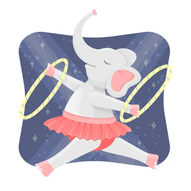 Vector illustration of Cute elefant gymnast in circus. Kawaii character. Vector children illustration.