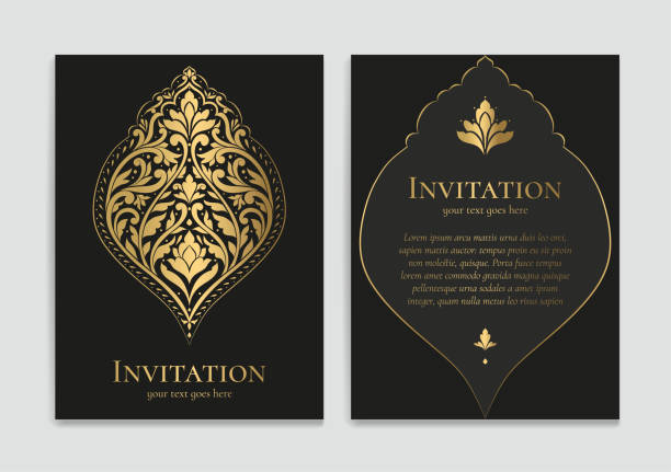 Black invitation card design with golden ornament pattern. Luxury vintage vector template. Can be used for background and wallpaper. Elegant and classic vector elements great for decoration. Vector illustration symbol of india stock illustrations