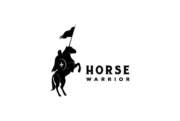 Vector illustration of Equestrian Horseback Knight Silhouette or Horse Warrior Paladin Medieval emblem Design Vector