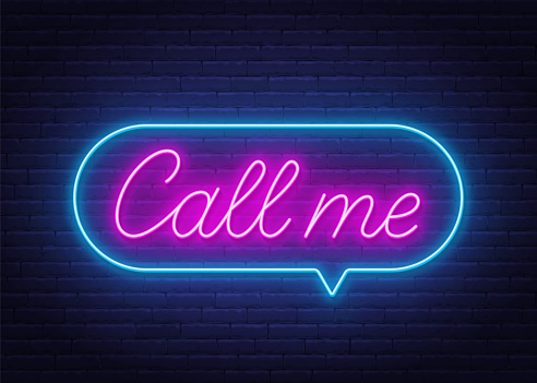 Call Me neon sign in the speech bubble on brick wall background .