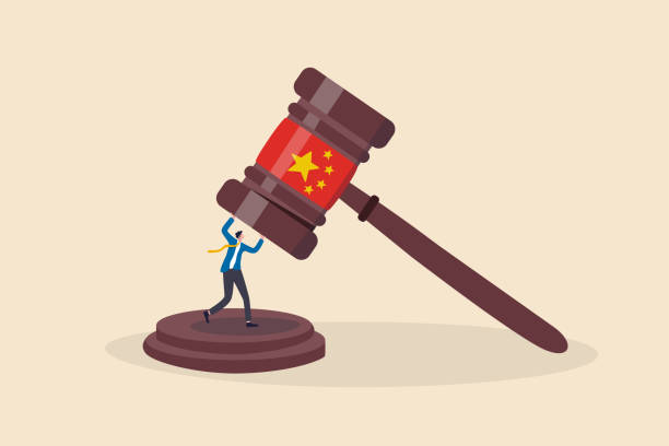 ilustrações de stock, clip art, desenhos animados e ícones de china government regulations to manipulate or control company with new rules concept, businessman business owner or investor try to survive from big gavel hammer with chinese flag. - employment issues law gavel legal system