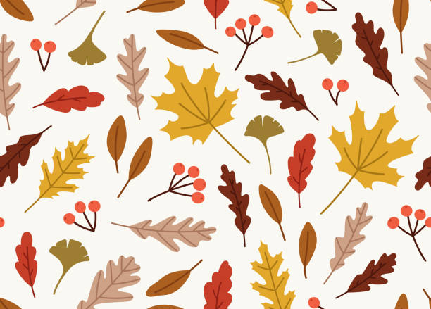Seamless pattern of autumn leaves. Seamless pattern of autumn leaves. Ginko leaves, red oak, white oak, maple, elm, berries. Concept of fall, autumn, nature, forest plants, tree foliage. Colored vector illustration, isolated on beige. fall leaves stock illustrations