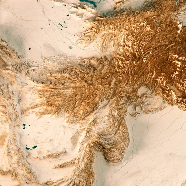 3D Render of a Topographic Map of Afghanistan. 
All source data is in the public domain.
Color texture: Made with Natural Earth. 
http://www.naturalearthdata.com/downloads/10m-raster-data/10m-cross-blend-hypso/
Relief texture: NASADEM data courtesy of NASA JPL (2020). URL of source image: 
https://doi.org/10.5067/MEaSUREs/NASADEM/NASADEM_HGT.001
Water texture: SRTM Water Body SWDB:
https://dds.cr.usgs.gov/srtm/version2_1/SWBD/
Boundaries Level 0: Humanitarian Information Unit HIU, U.S. Department of State (database: LSIB)
http://geonode.state.gov/layers/geonode%3ALSIB7a_Gen
