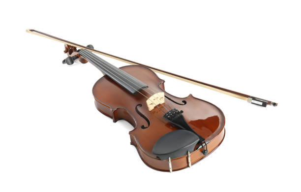 istock Beautiful classic violin and bow on white background. Musical instrument 1337795408