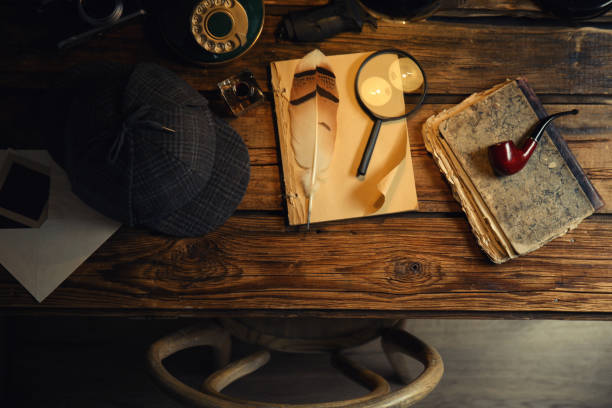 istock Flat lay composition with vintage detective items on wooden table 1337795444