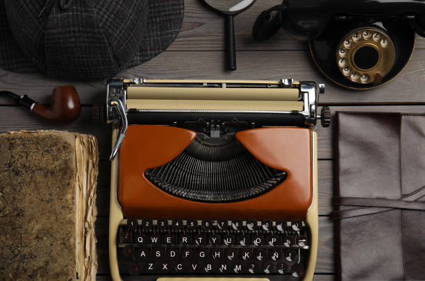 istock Flat lay composition with vintage detective items on grey wooden background 1337795456