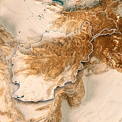 3D Render of a Topographic Map of Afghanistan. Version with Country Boundaries.\nAll source data is in the public domain.\nColor texture: Made with Natural Earth. \nhttp://www.naturalearthdata.com/downloads/10m-raster-data/10m-cross-blend-hypso/\nRelief texture: NASADEM data courtesy of NASA JPL (2020). URL of source image: \nhttps://doi.org/10.5067/MEaSUREs/NASADEM/NASADEM_HGT.001\nWater texture: SRTM Water Body SWDB:\nhttps://dds.cr.usgs.gov/srtm/version2_1/SWBD/\nBoundaries Level 0: Humanitarian Information Unit HIU, U.S. Department of State (database: LSIB)\nhttp://geonode.state.gov/layers/geonode%3ALSIB7a_Gen