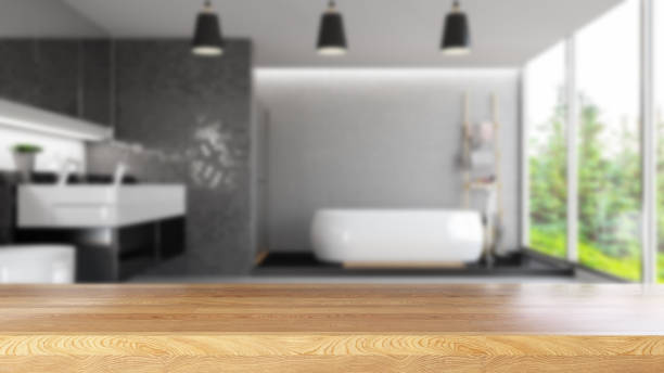 istock Table Top with Blur of Modern Bathroom interior 1337799050
