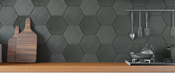 czarna kuchnia z blatem i pustą ścianą - okap-kuchenny-obrazy zdjęcia i obrazy z banku zdjęć