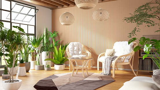 Cozy Living Room with Bamboo Furniture and Green Plants. 3d Render