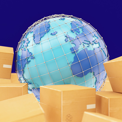 Cardboard Cargo Boxes Around Globe. 3d Render