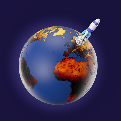Space Rocket Leaving the Earth. 3d Render\nWorld Map: https://visibleearth.nasa.gov/images/73580/january-blue-marble-next-generation-w-topography-and-bathymetry/73586l