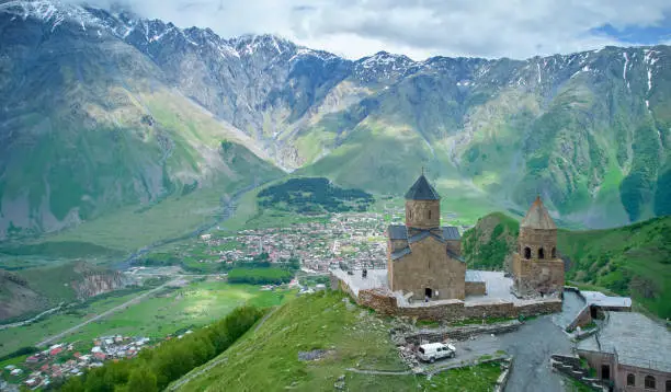 The Trinity Church in Gergeti is located at an altitude of 2,170 m at the foot of Mount Kazbek, along the Georgian Military Road in the Georgian village of Gergeti on the right bank of the Chheri