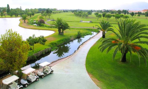 golfplatz seen palmen luftaufnahme - golf golf club luxury golf course stock-fotos und bilder