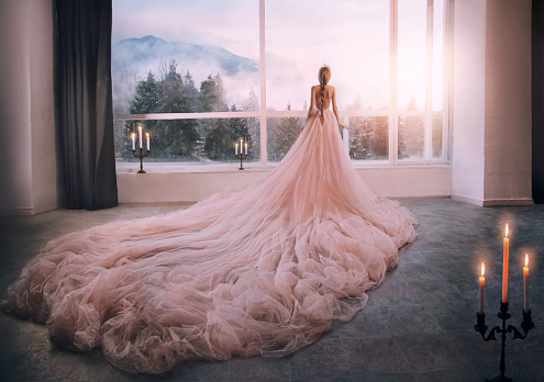 Artistic processing Fantasy girl princess in pink dress stands in medieval room looking vintage window with winter nature landscape mountains sunset. silhouette woman queen long train skirt. Back view