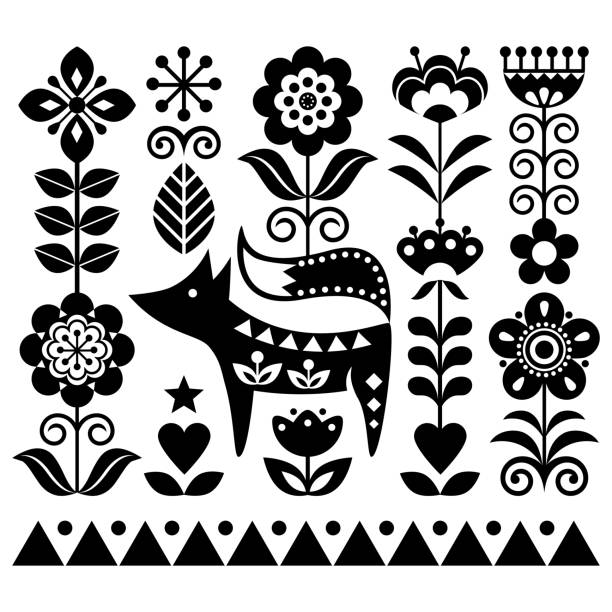 Scandinavian cute folk art vector pattern with flowers and fox, black and white floral greeting card or invitation inspired by traditional embroidery from Sweden, Norway and Denmark Forest monochrome happy Nordic ornament with fox and floral square motif on white background craft product stock illustrations