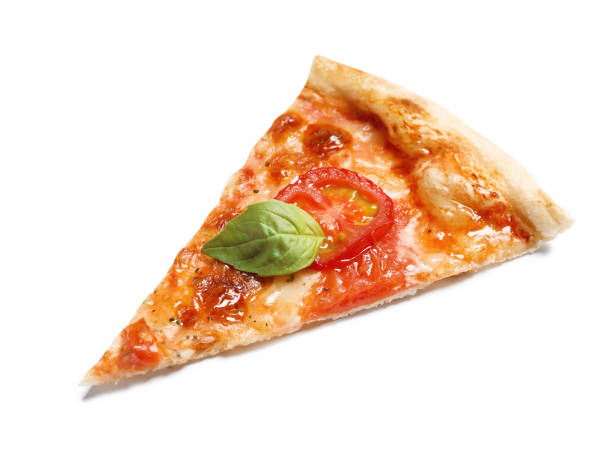 istock Slice of delicious pizza Margherita isolated on white 1337814502