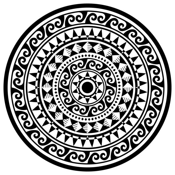 ilustraciones, imágenes clip art, dibujos animados e iconos de stock de patrón vectorial de mandala geométrico polinesio, diseño tribal hawaiano con ondas y adornos geométricos en blanco y negro - polynesia