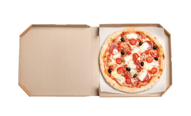 istock Delicious pizza Diablo in cardboard box isolated on white, top view 1337815596