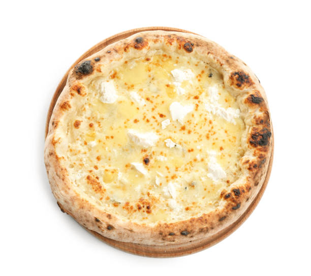 istock Delicious cheese pizza isolated on white, top view 1337817036