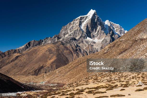 Taboche Mountain Peak Above Dingboche Village In Everest Base Camp Trekking Route Himalaya Mountains Range In Nepal Stock Photo - Download Image Now