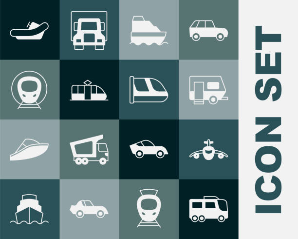 set bus, flugzeug, rv camping anhänger, kreuzfahrtschiff, straßenbahn und eisenbahn, zug, rafting boot und symbol. vektor - train silhouette pop art locomotive stock-grafiken, -clipart, -cartoons und -symbole