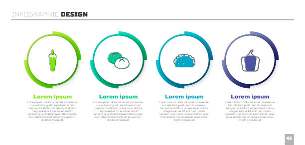 ilustrações de stock, clip art, desenhos animados e ícones de set hot chili pepper, bread loaf, taco with tortilla and bell. business infographic template. vector - mexico chili pepper bell pepper pepper