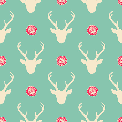 Seamless pattern with deer heads and roses. Vector romantic trendy background. Nature wildlife animal pastel green backdrop.